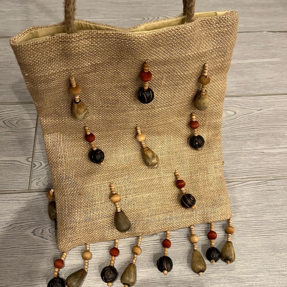 Treska Jute Beaded Tote Elegant Beaded Tan Tote Bag